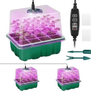 Seed Starter Tray with Plant Light, 2 Pack Grow Lights for Seed Starting Kit with Humidity Domes, Timing Controller Adjustable Brightness for Greenhouse Propagator Station Planting Growing